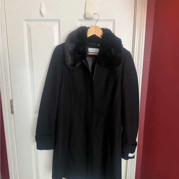 Calvin Klein Jackets & Blazers - Calvin Klein Black Pea Coat with Fur Collar